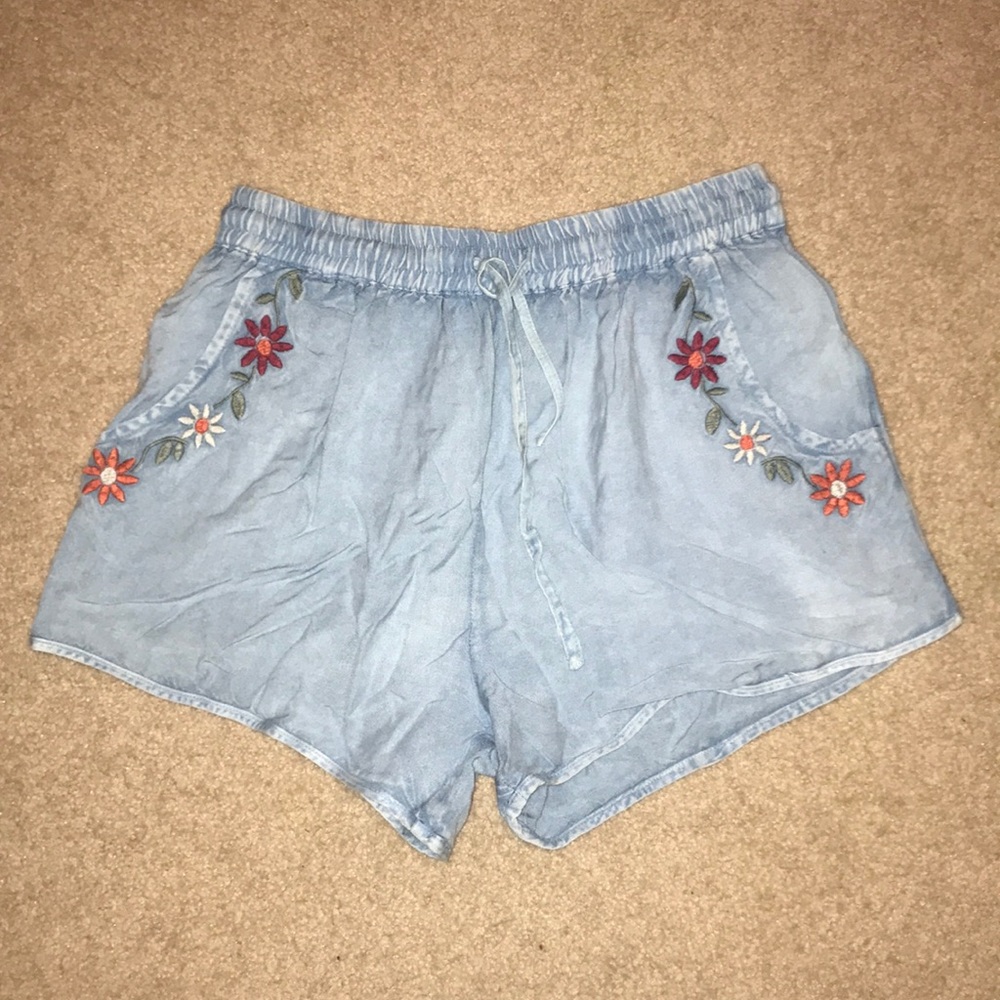 Faux-denim Flowy Embroidered Shorts